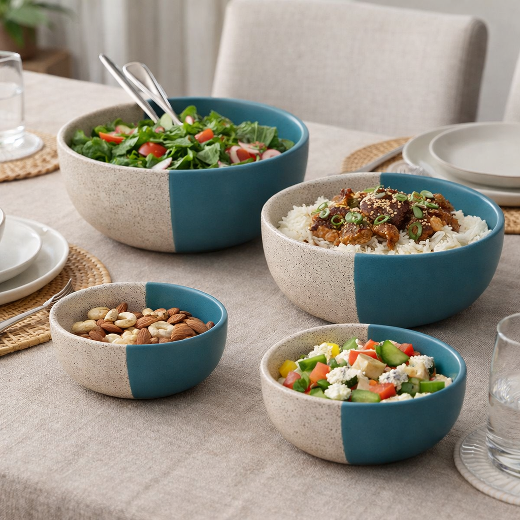 Kunhar Ceramic Mixing Bowl Set – 4 Pieces (1500ml, 800ml, 600ml, 400ml), White Dusty Blue – Durable, Microwave & Dishwasher Safe – Ideal for Mixing, Serving & Storage - Image 2
